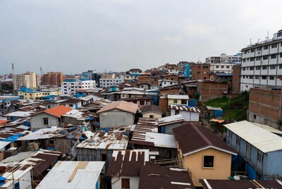 Aerial view of urban slum rooftops