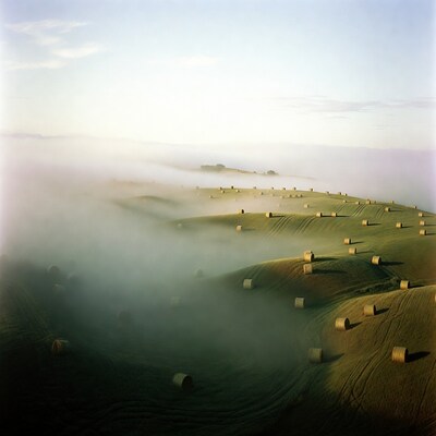Hay bales in misty rolling fields