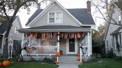 Halloween Decorated House with Skeletons