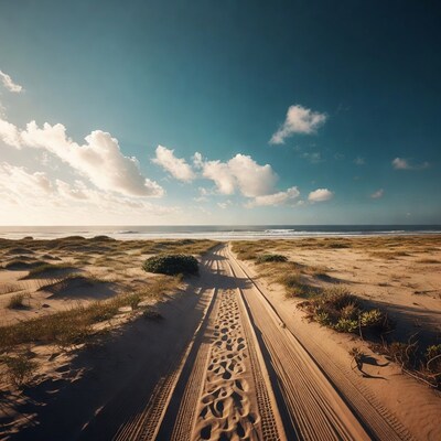 Beach footprints tire tracks dunes ocean