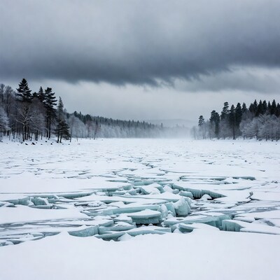 Frozen lake with cracked ice and snowy forest