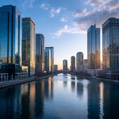 Skyscrapers reflecting in urban river at sunset