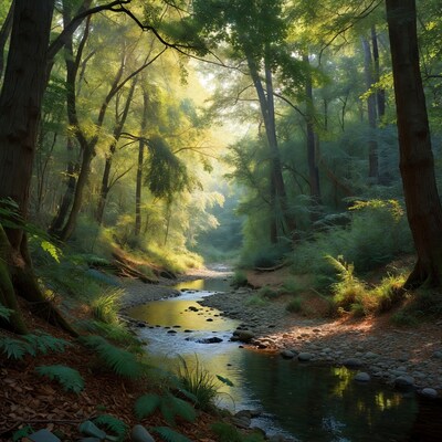 Sunlit Forest Stream with Rocks and Ferns