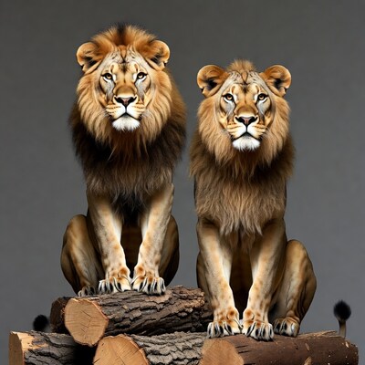 Two lions sitting on logs
