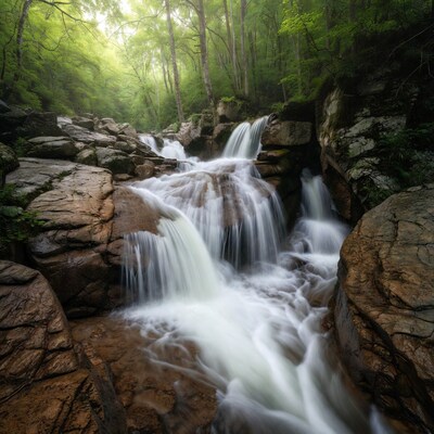Waterfall cascading over rocks in forest