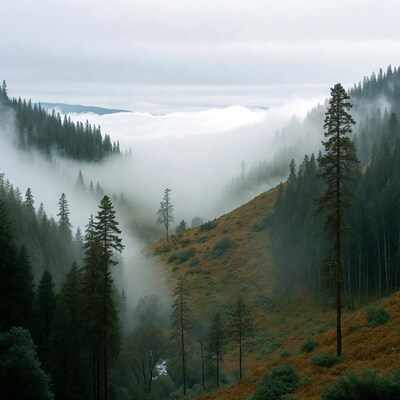 Foggy Pine Forest Valley