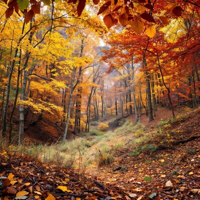Autumn Forest Path with Yellow Orange Leaves