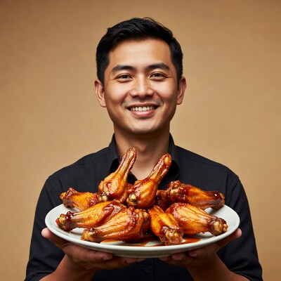Asian man holding chicken wings