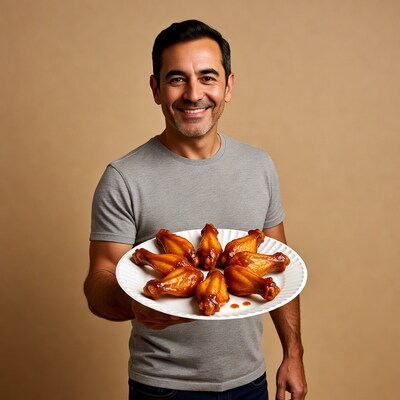 Man holding plate of chicken wings