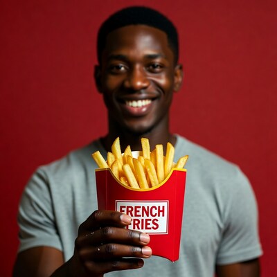 African-American man holding french fries