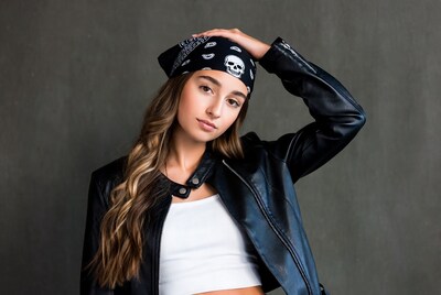 Girl in skull bandana leather jacket