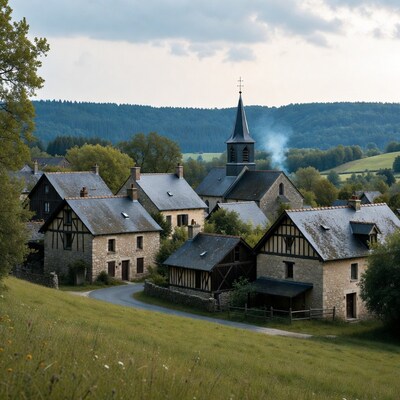 French village with church and hills