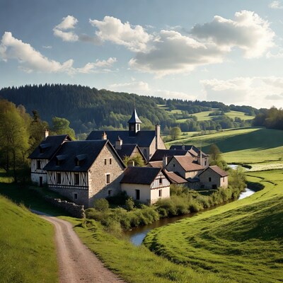 French village by river and hills