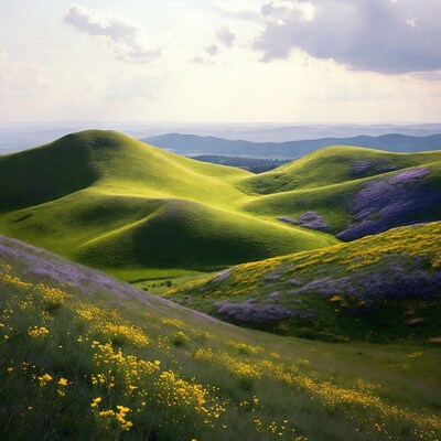 Rolling Green Hills with Purple Yellow Flowers
