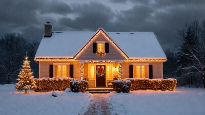 Christmas Lights House in Snow