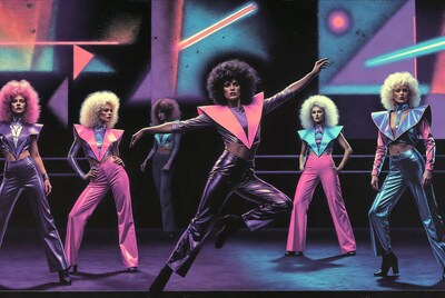 Women in neon 80s outfits dancing