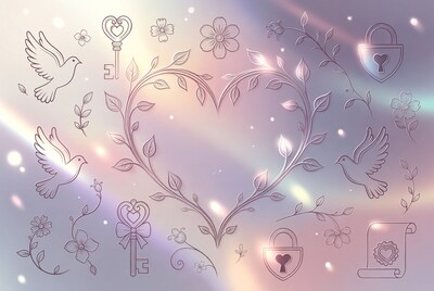 Floral Heart with Doves and Keys