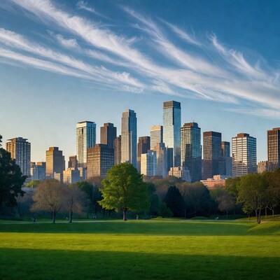City skyline over green park