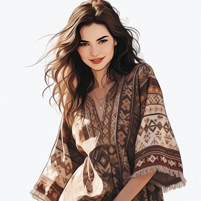 Smiling woman in boho dress illustration