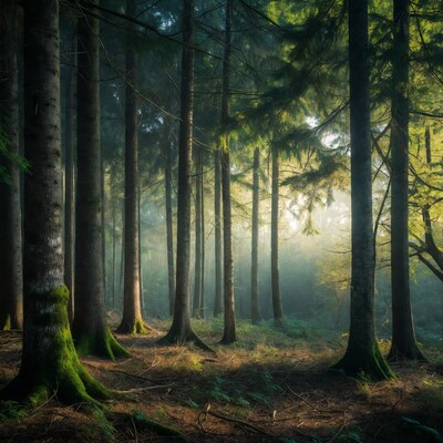 Sunlit Misty Spruce Forest Path