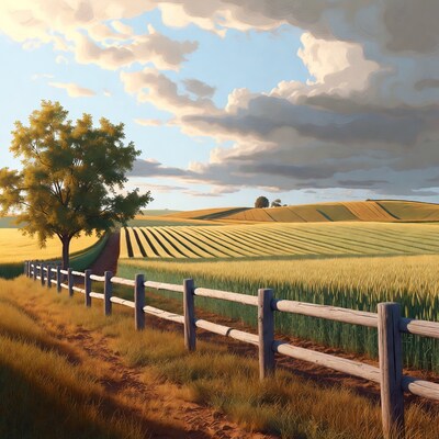 Golden Wheat Fields with Fence and Tree