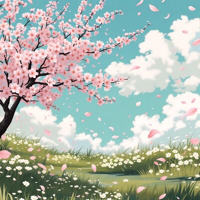 Cherry Blossom Tree in Meadow