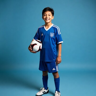 Asian boy in blue soccer uniform holding ball