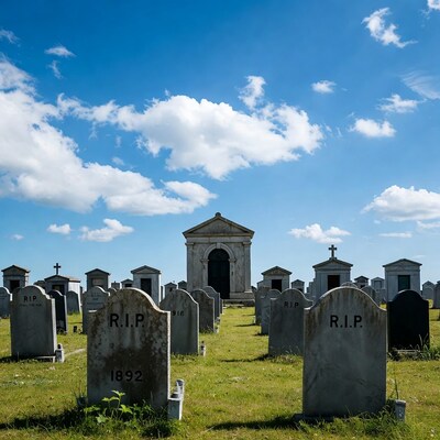 Cemetery with tombstones under blue sky