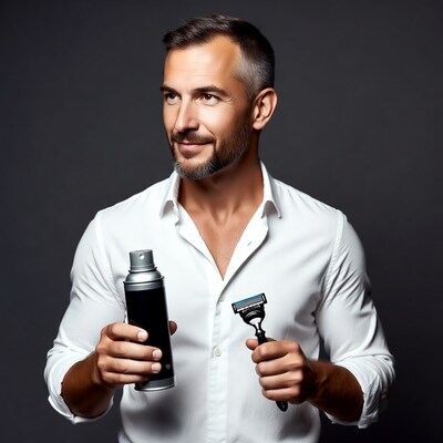 Man holding shaving cream and razor
