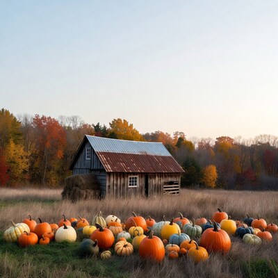 Pumpkins by rustic barn in autumn field