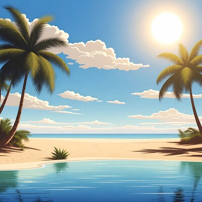 Tropical Beach with Palms and Pool