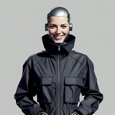 Female Cyborg Smiling in Black Jumpsuit