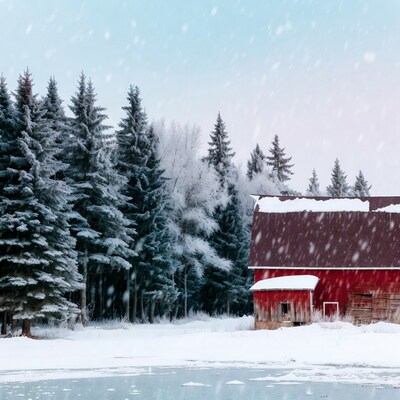 Red Barn in Snowy Forest