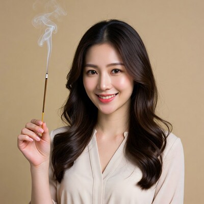 Asian woman holding incense stick