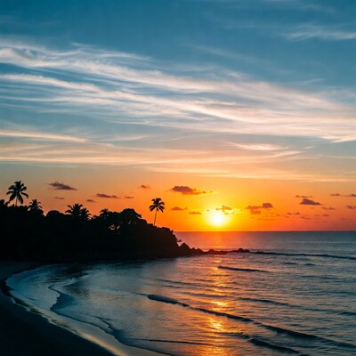 Tropical Beach Sunset with Palm Trees