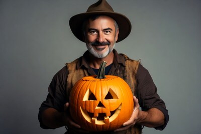 Man holding jack-o-lantern pumpkin