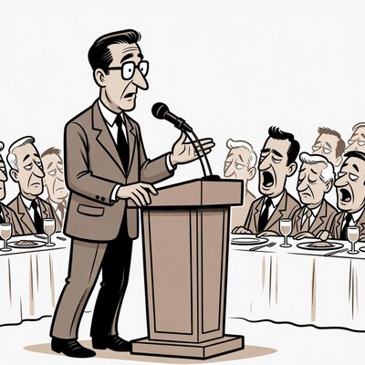 Man speaking at podium to bored audience