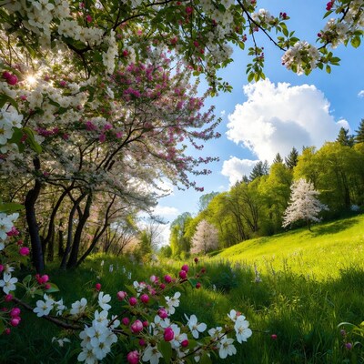 Blossoming Cherry Trees in Green Meadow
