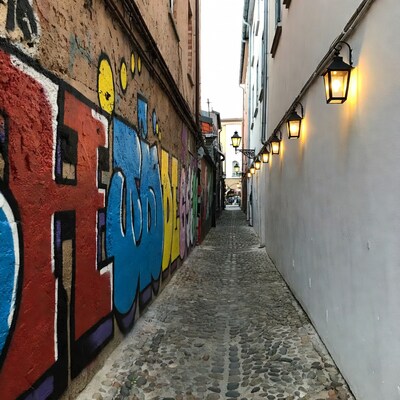 Colorful Graffiti Alley with Lanterns