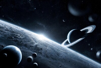 Saturn and icy planet in space