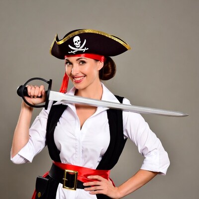 Woman in pirate costume holding sword