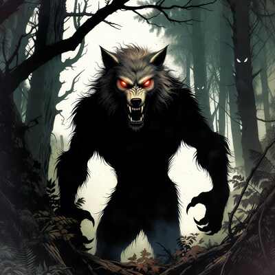 Roaring Werewolf in Dark Forest