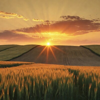 Sunset over wheat fields and hills