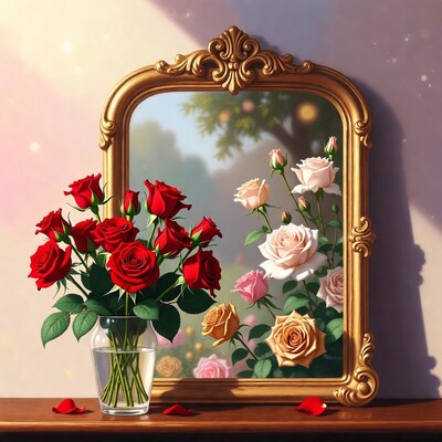 Red Roses in Vase Before Gold Mirror