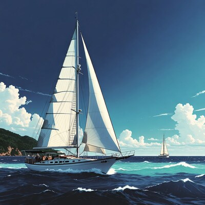 Sailboats sailing near coastal cliffs