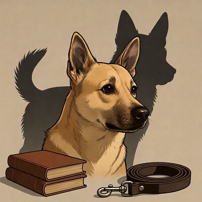 German Shepherd dog with books and leash