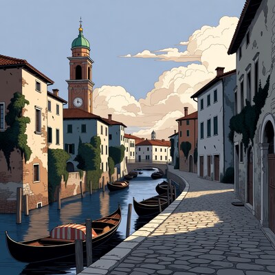 Venetian Canal with Gondolas and Bell Tower