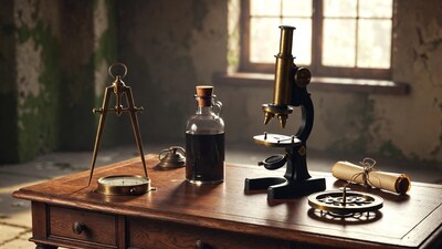Vintage microscope compass bottle on table