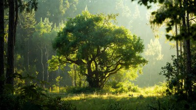 Majestic Oak Tree in Sunlit Forest