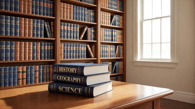 Stacked History Geography Science Books on Desk